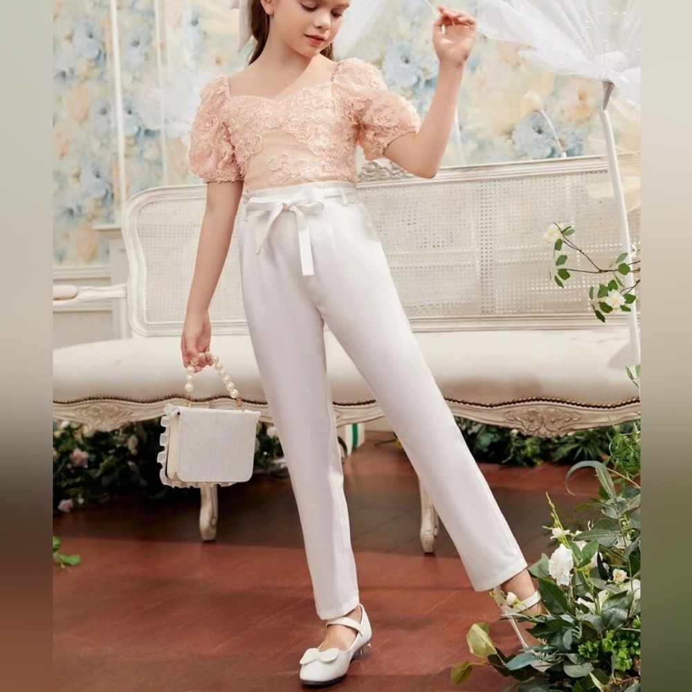 Girls Solid Belted Slant Pocket Pants White